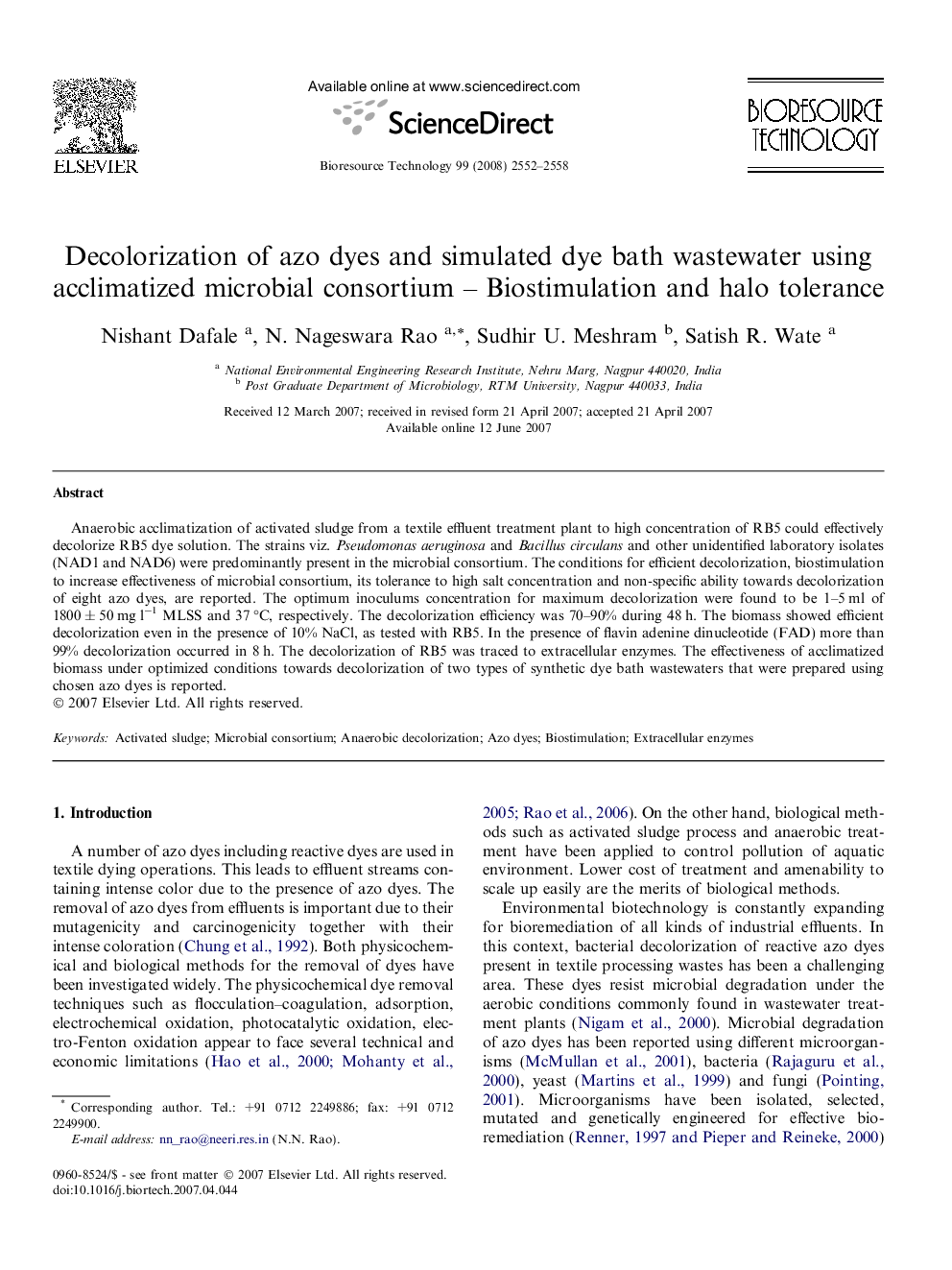 Decolorization of azo dyes and simulated dye bath wastewater using acclimatized microbial consortium – Biostimulation and halo tolerance