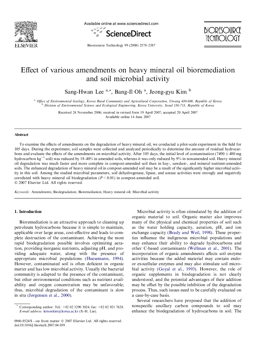 Effect of various amendments on heavy mineral oil bioremediation and soil microbial activity