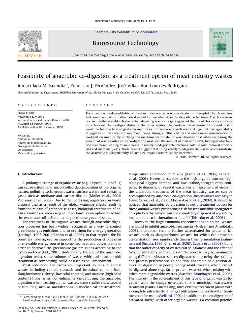 Feasibility of anaerobic co-digestion as a treatment option of meat industry wastes