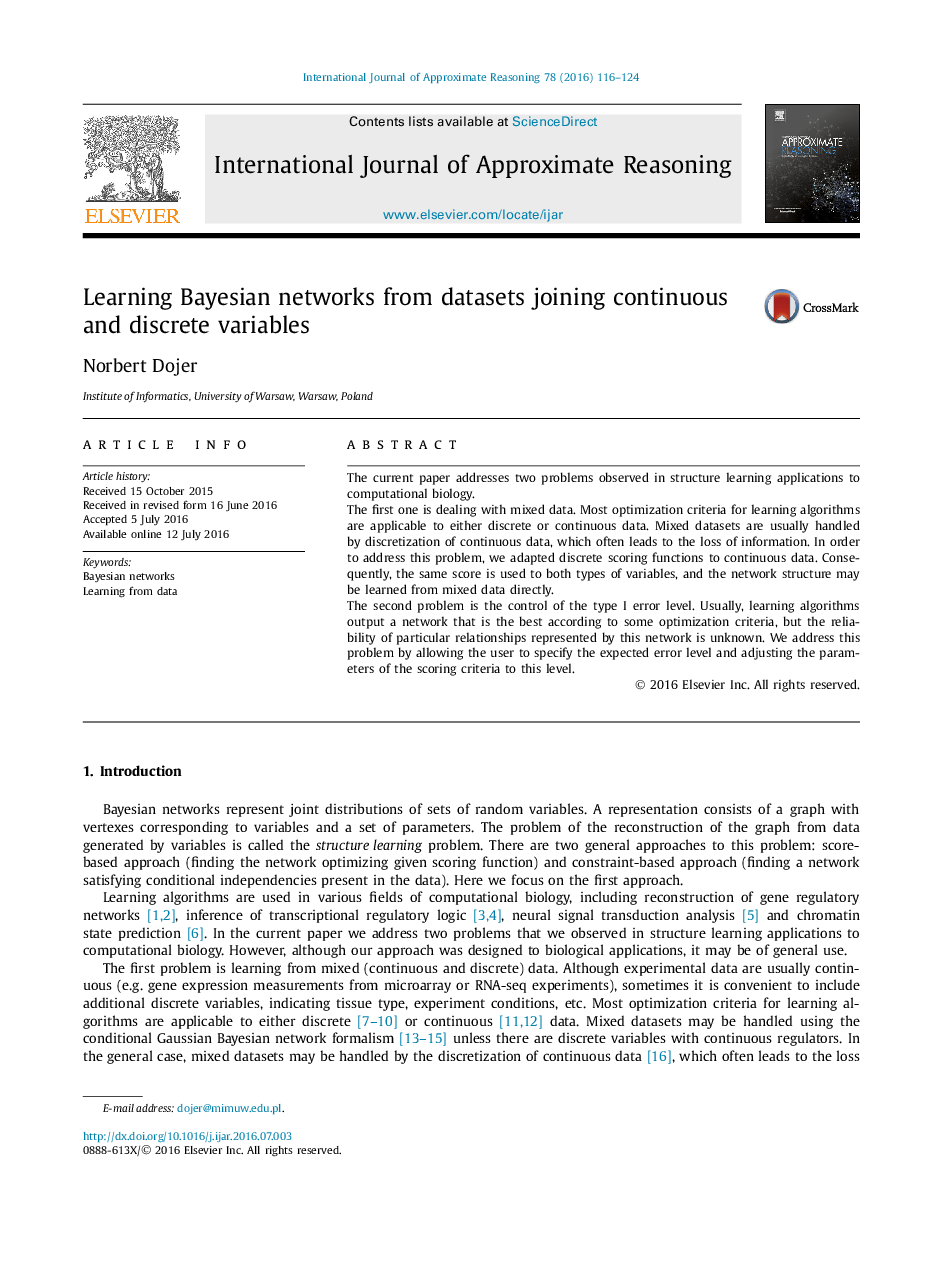 Learning Bayesian networks from datasets joining continuous and discrete variables