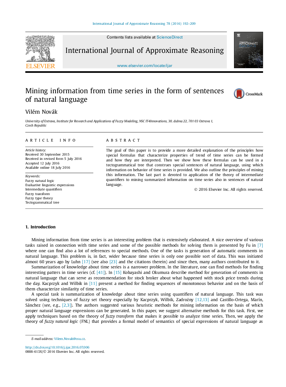 Mining information from time series in the form of sentences of natural language