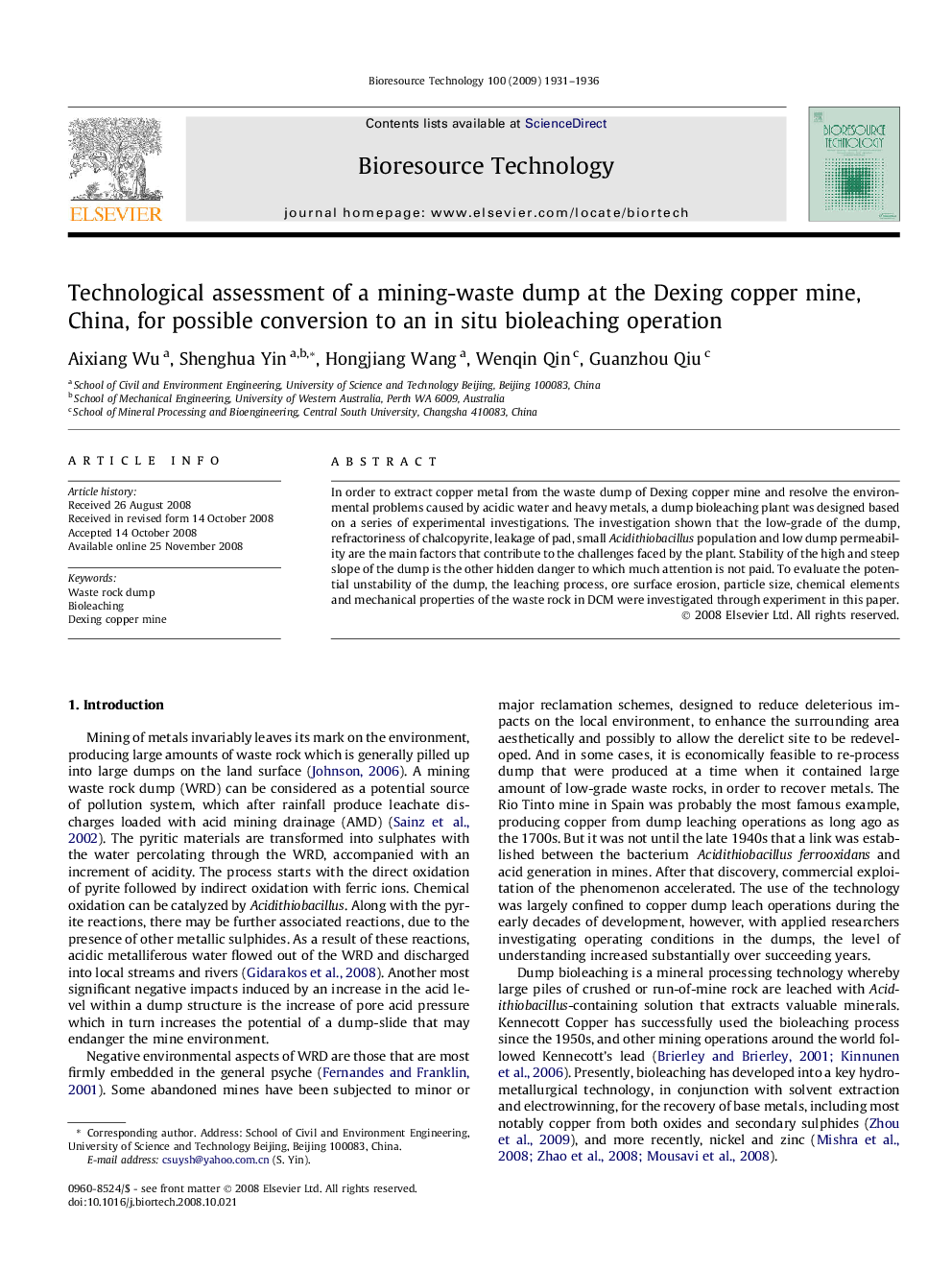 Technological assessment of a mining-waste dump at the Dexing copper mine, China, for possible conversion to an in situ bioleaching operation