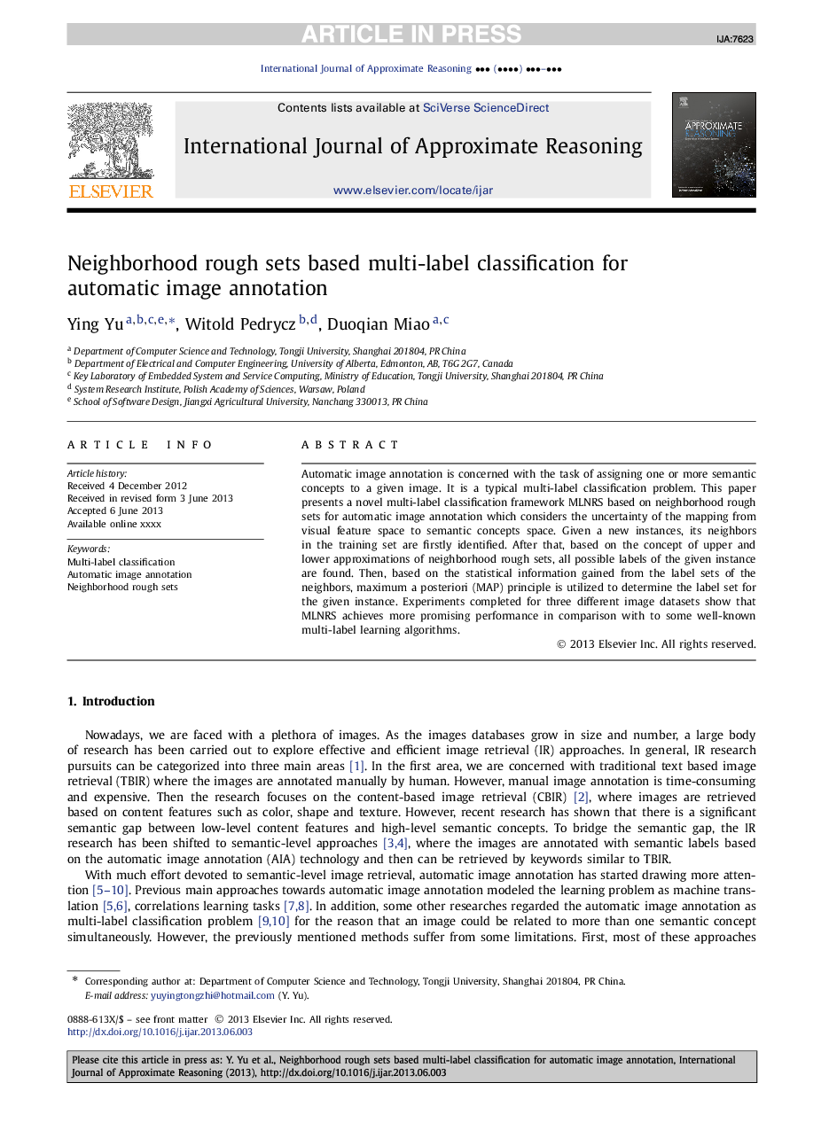 Neighborhood rough sets based multi-label classification for automatic image annotation