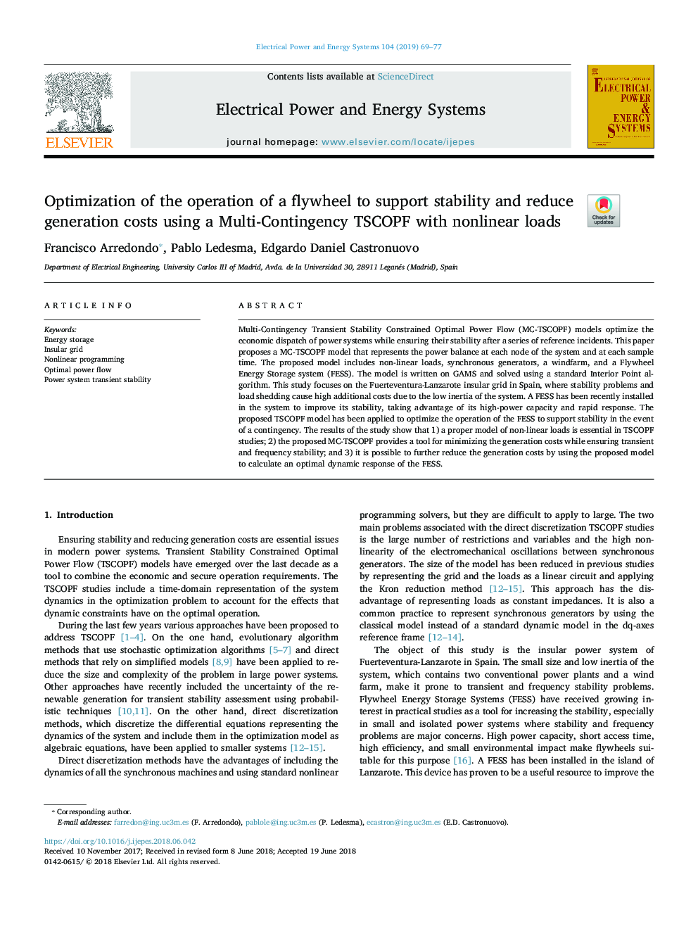 Optimization of the operation of a flywheel to support stability and reduce generation costs using a Multi-Contingency TSCOPF with nonlinear loads