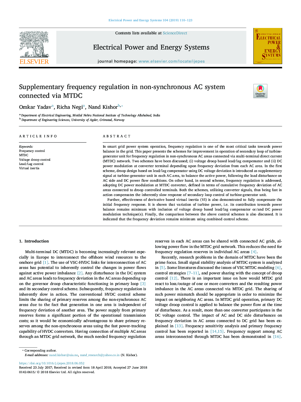 Supplementary frequency regulation in non-synchronous AC system connected via MTDC