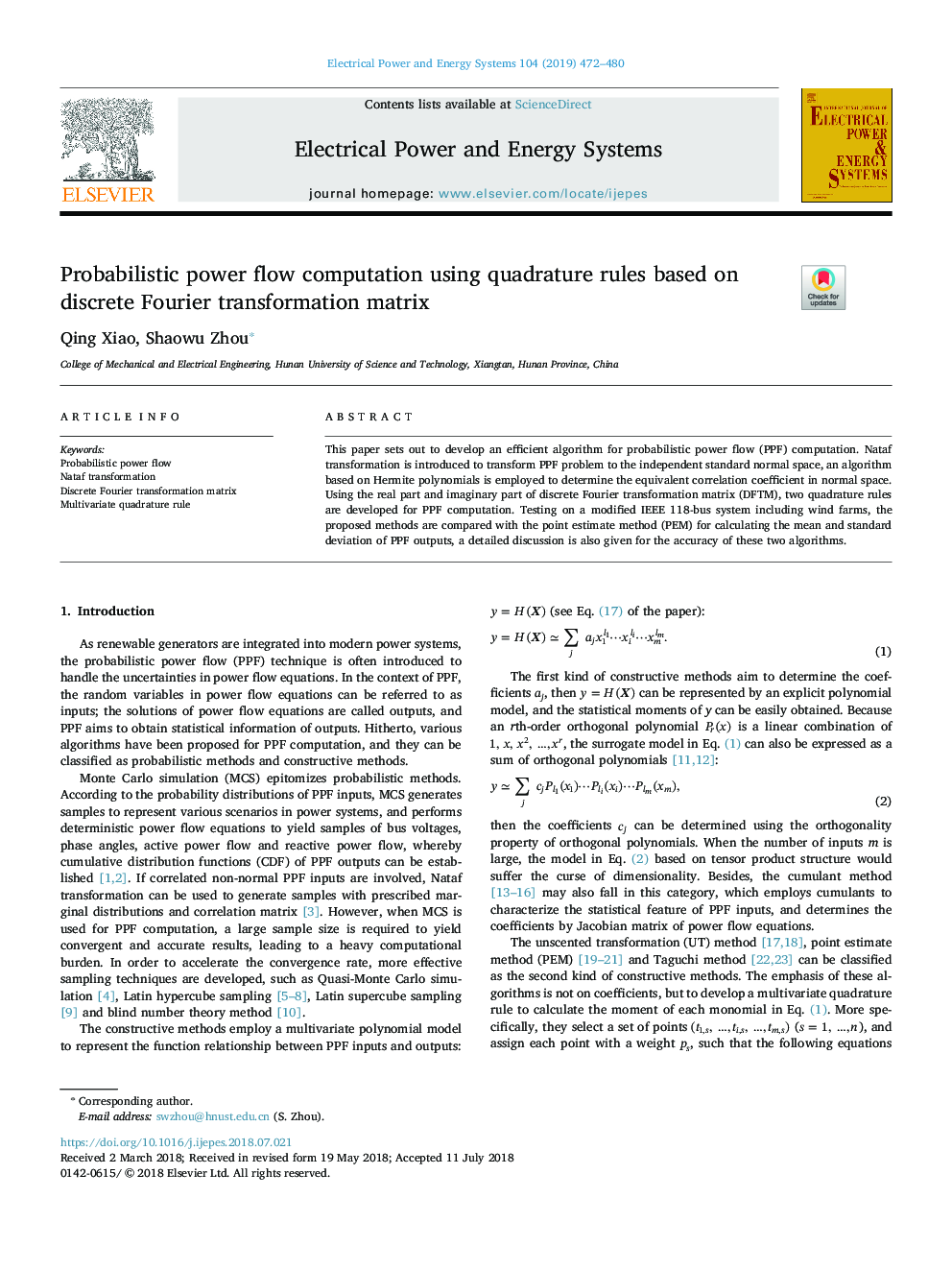 Probabilistic power flow computation using quadrature rules based on discrete Fourier transformation matrix