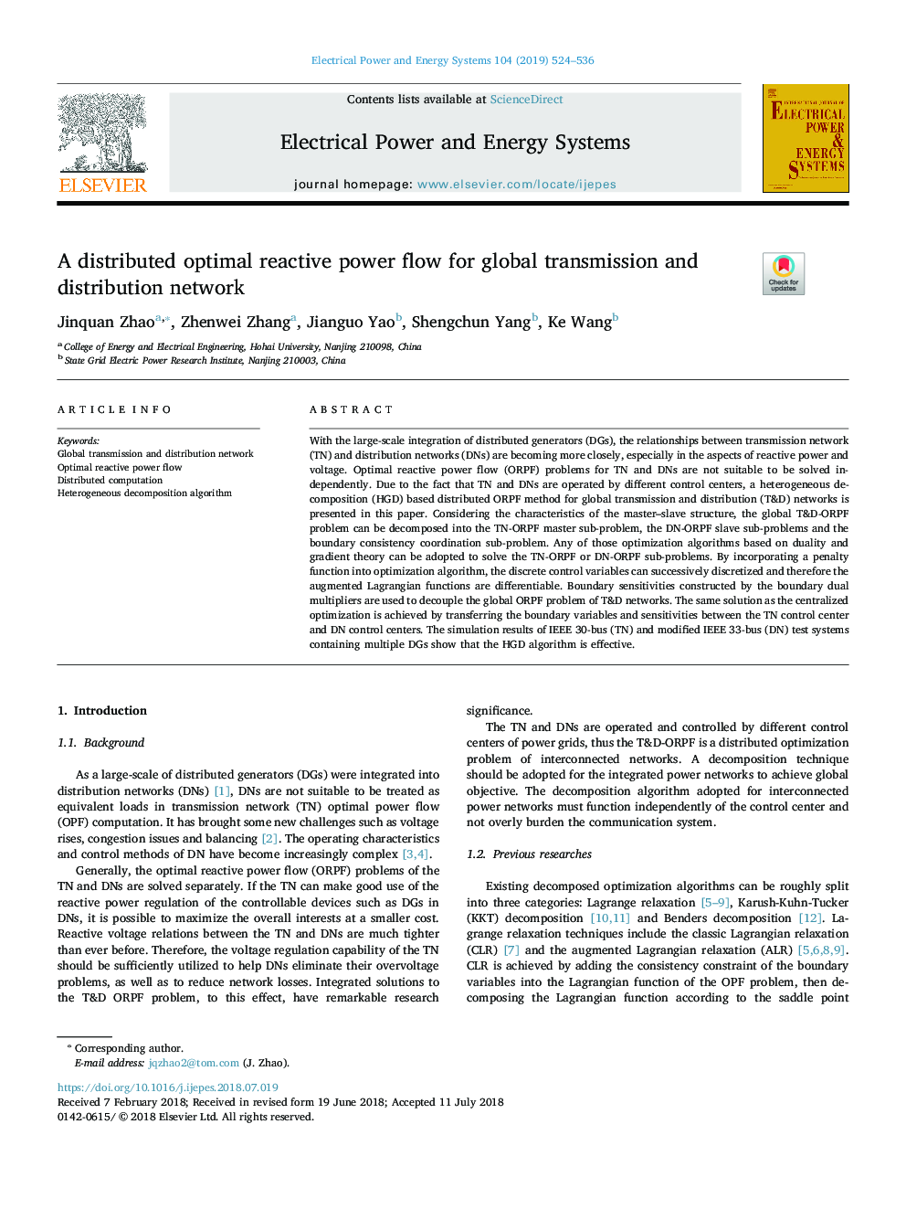 A distributed optimal reactive power flow for global transmission and distribution network