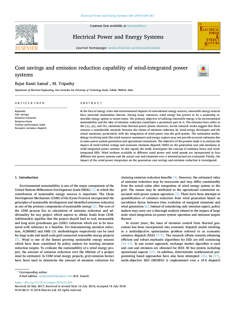 Cost savings and emission reduction capability of wind-integrated power systems