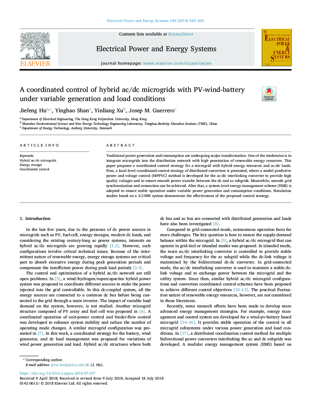 عکس صفحه اول مقاله: A coordinated control of hybrid ac/dc microgrids with PV-wind-battery under variable generation and load conditions A coordinated control of hybrid ac/dc microgrids with PV-wind-battery under variable generation and load conditions
