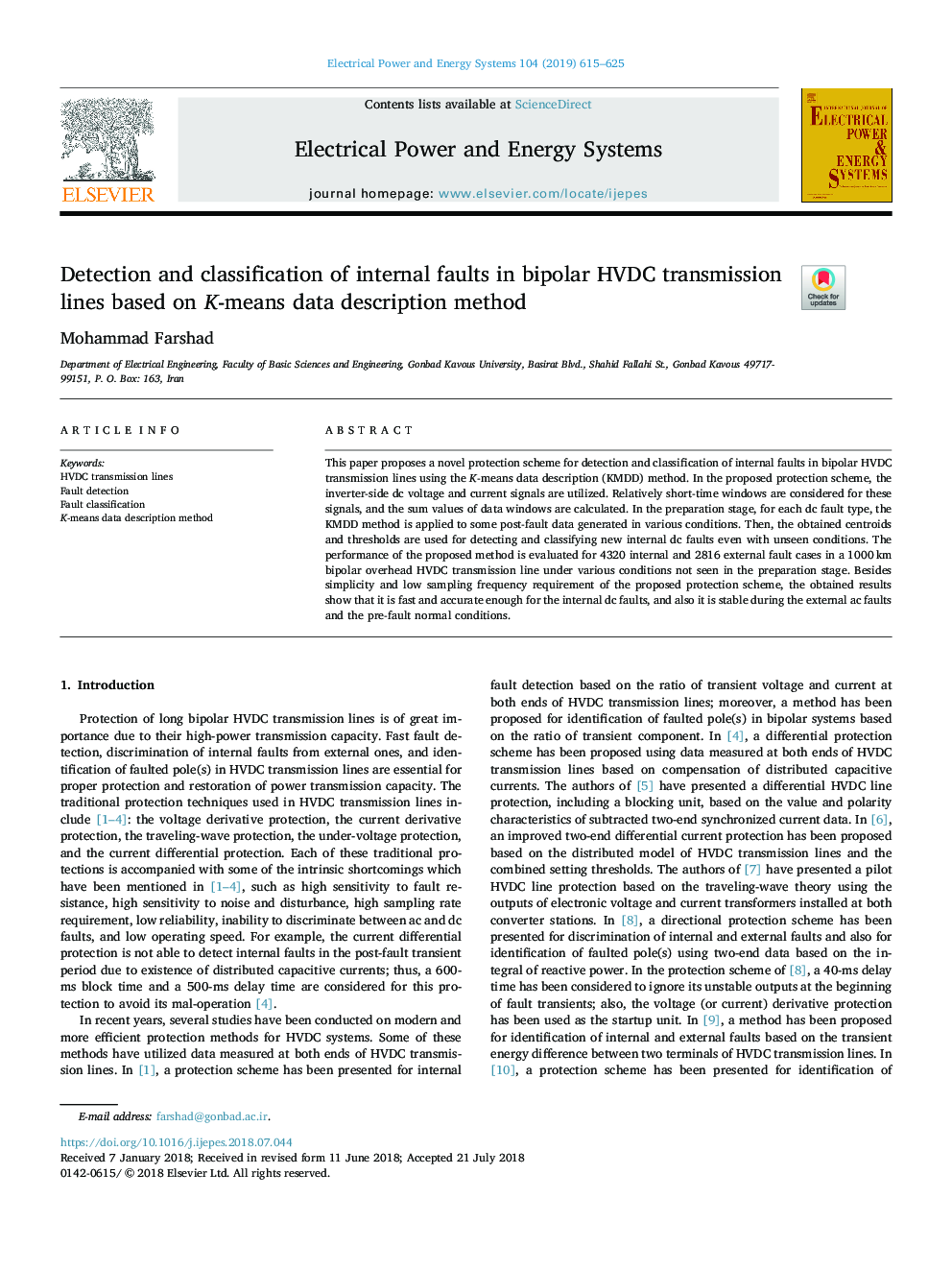 Detection and classification of internal faults in bipolar HVDC transmission lines based on K-means data description method