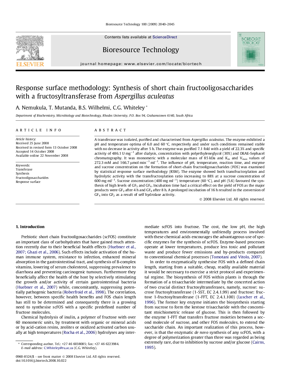 Response surface methodology: Synthesis of short chain fructooligosaccharides with a fructosyltransferase from Aspergillus aculeatus