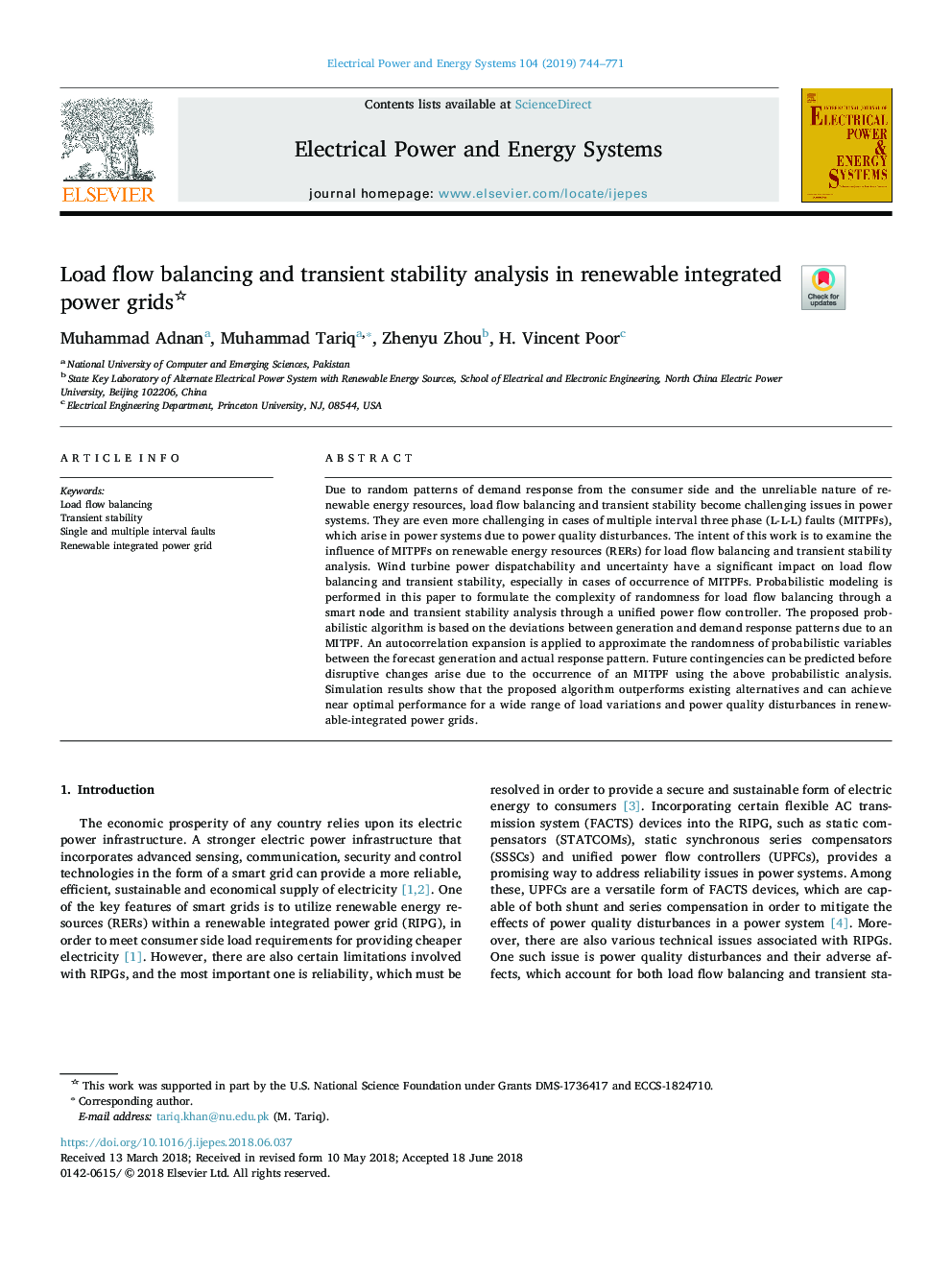 Load flow balancing and transient stability analysis in renewable integrated power grids