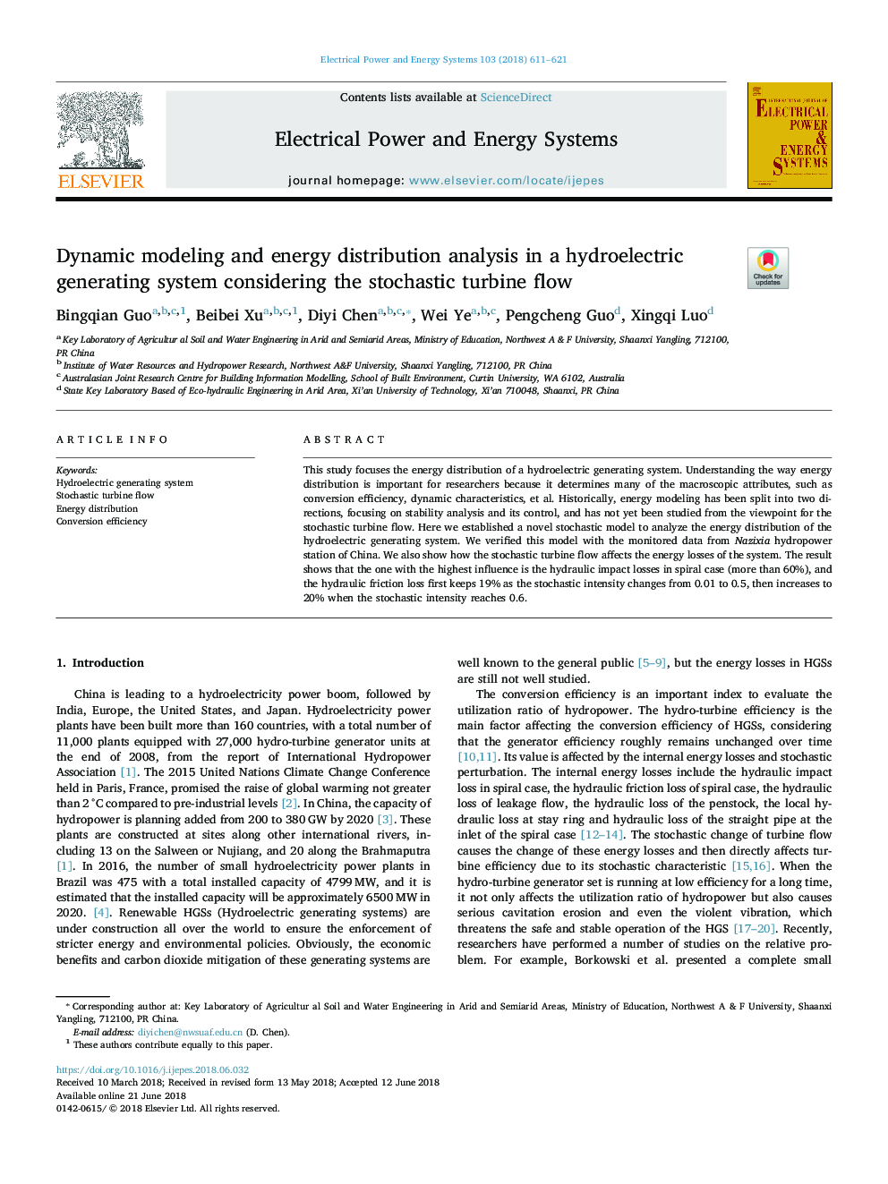 Dynamic modeling and energy distribution analysis in a hydroelectric generating system considering the stochastic turbine flow
