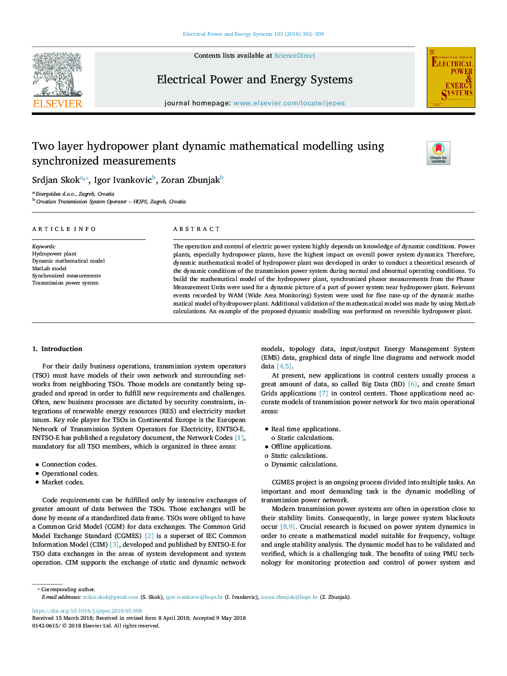 Two layer hydropower plant dynamic mathematical modelling using synchronized measurements