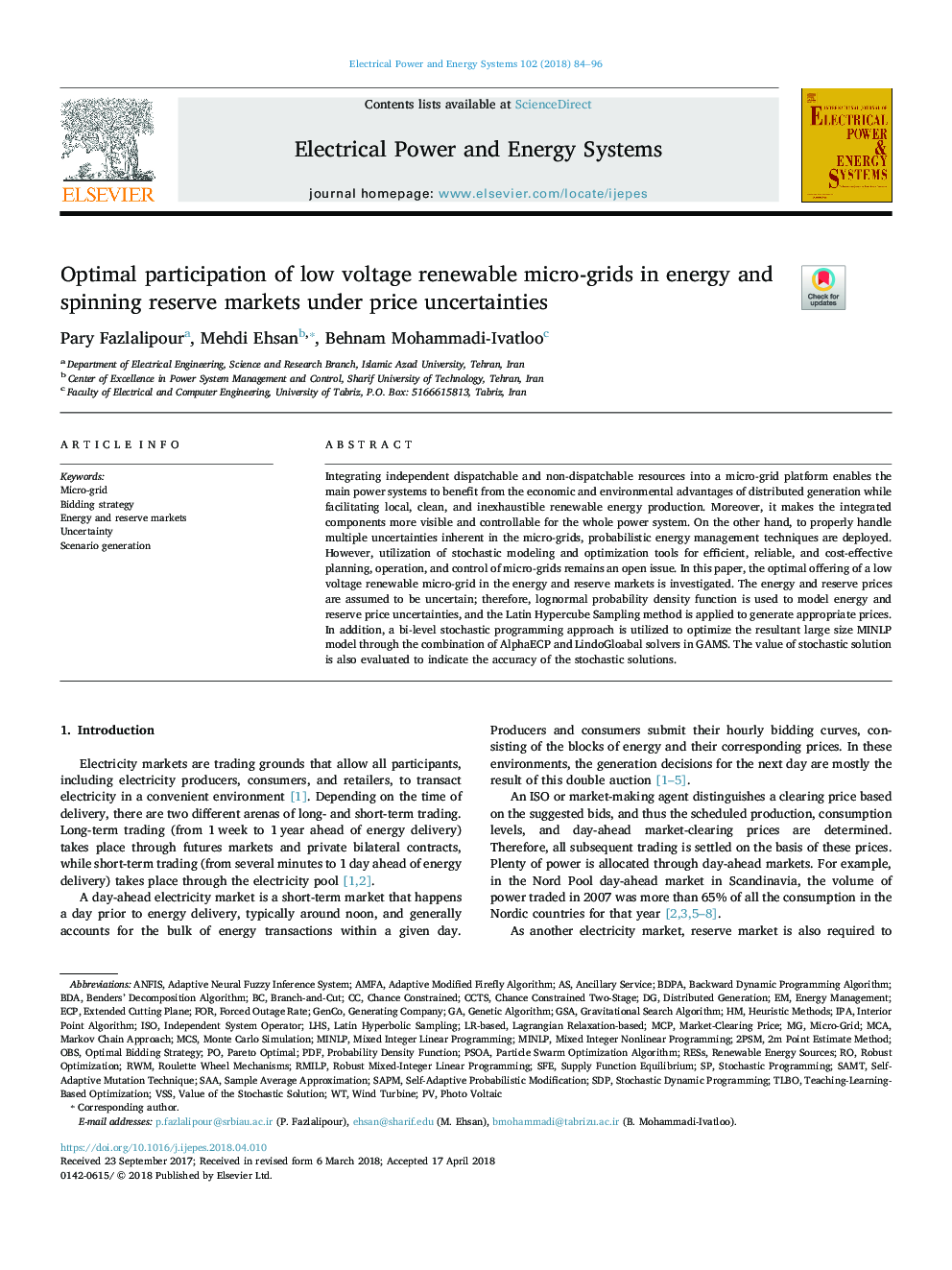 Optimal participation of low voltage renewable micro-grids in energy and spinning reserve markets under price uncertainties