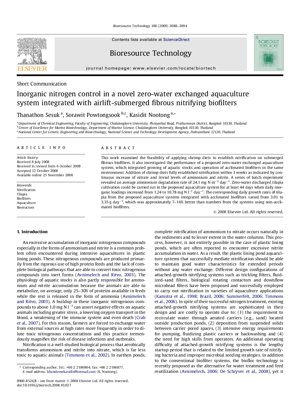 Inorganic nitrogen control in a novel zero-water exchanged aquaculture system integrated with airlift-submerged fibrous nitrifying biofilters