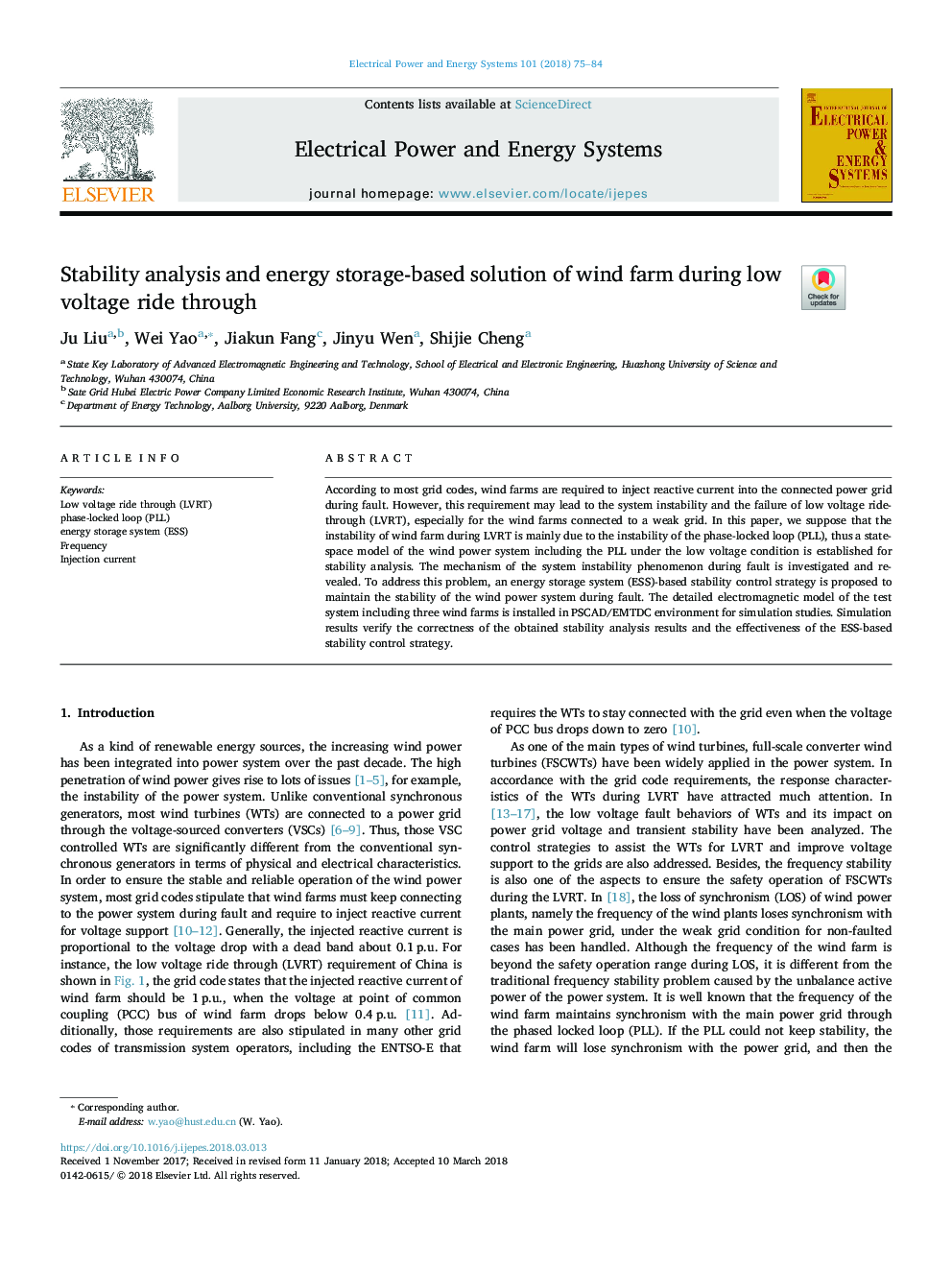 Stability analysis and energy storage-based solution of wind farm during low voltage ride through