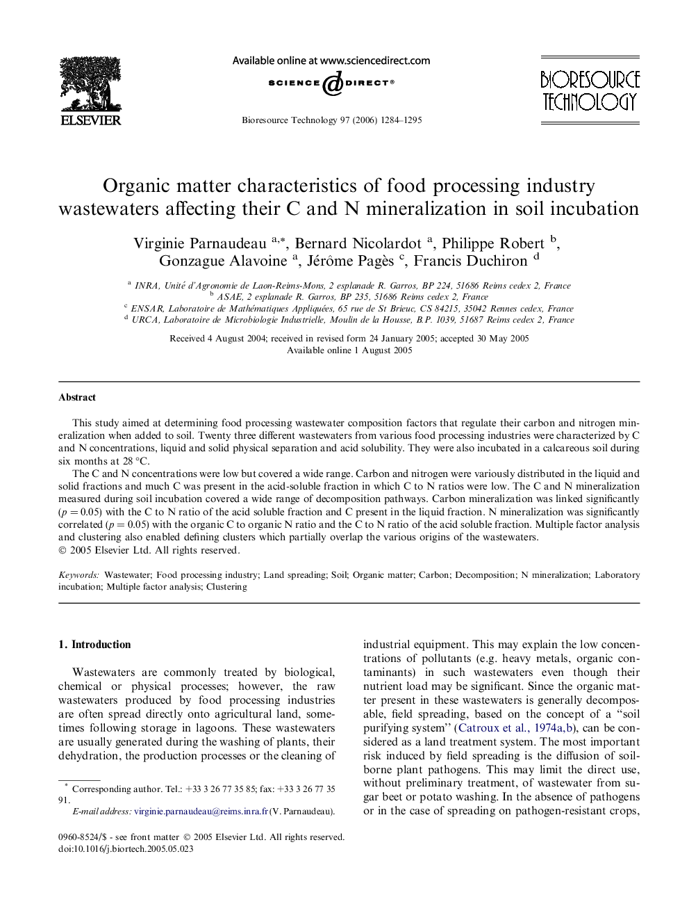 Organic matter characteristics of food processing industry wastewaters affecting their C and N mineralization in soil incubation