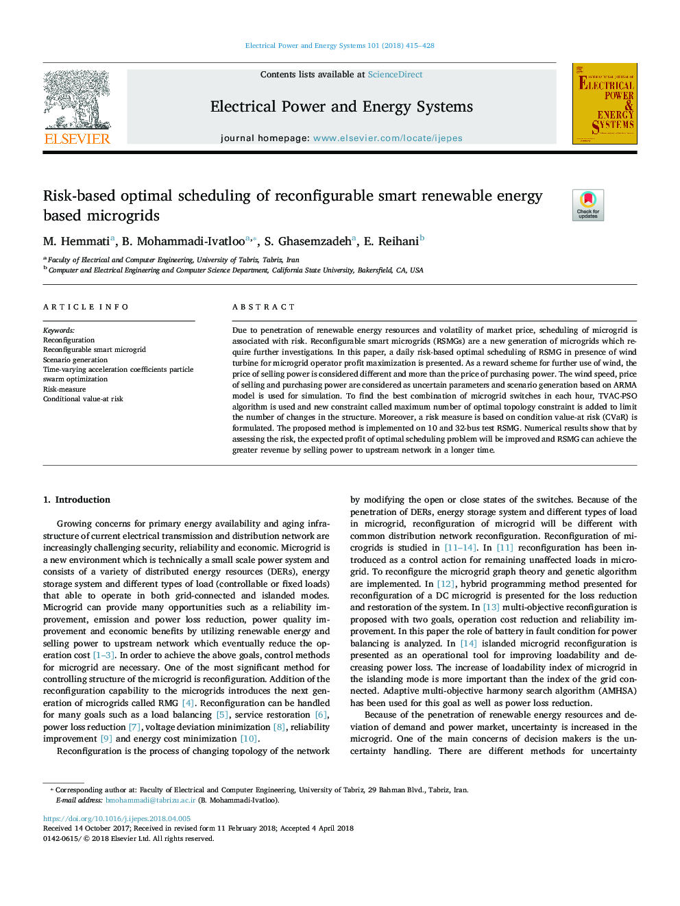 Risk-based optimal scheduling of reconfigurable smart renewable energy based microgrids