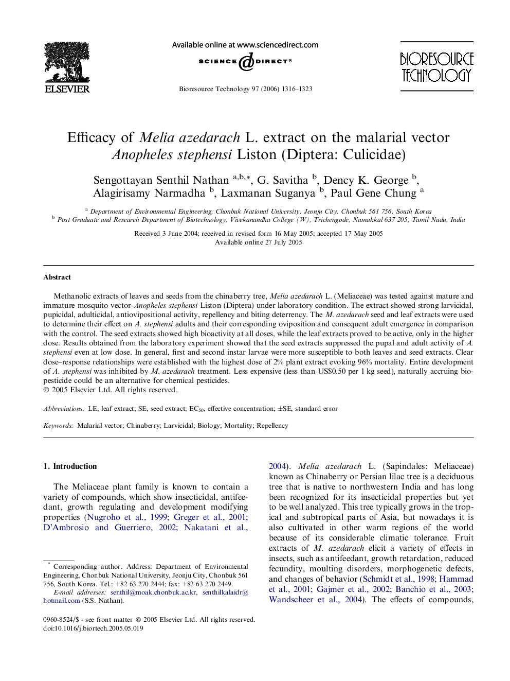 عکس صفحه اول مقاله: Efficacy of Melia azedarach L. extract on the malarial vector Anopheles stephensi Liston (Diptera: Culicidae) Efficacy of Melia azedarach L. extract on the malarial vector Anopheles stephensi Liston (Diptera: Culicidae)