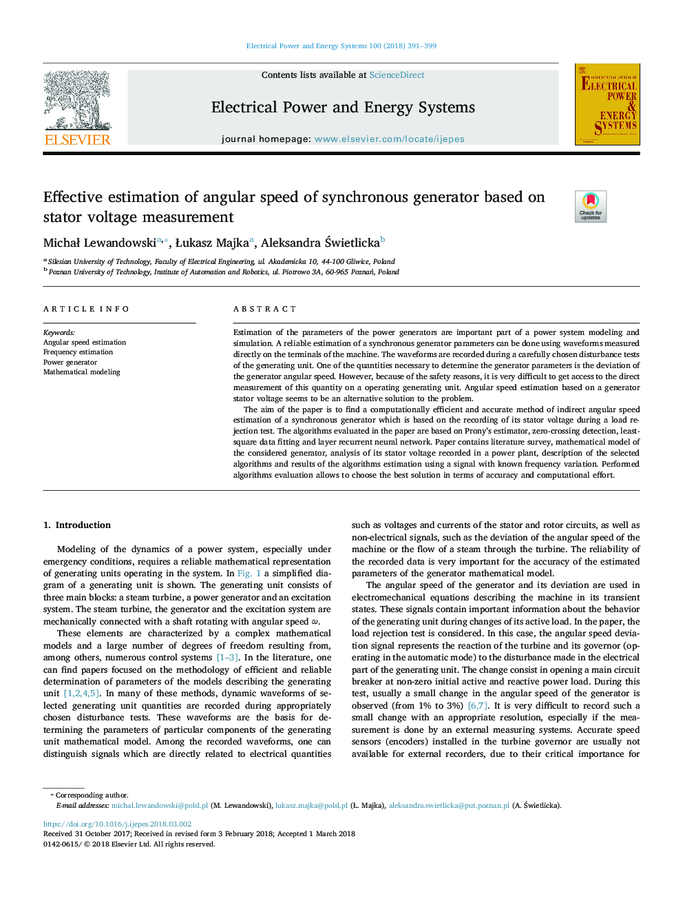 Effective estimation of angular speed of synchronous generator based on stator voltage measurement