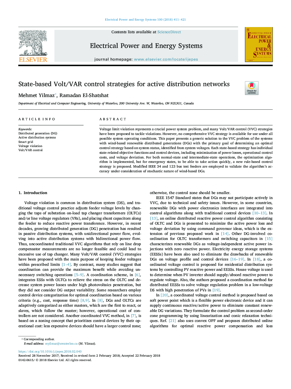 عکس صفحه اول مقاله: State-based Volt/VAR control strategies for active distribution networks State-based Volt/VAR control strategies for active distribution networks