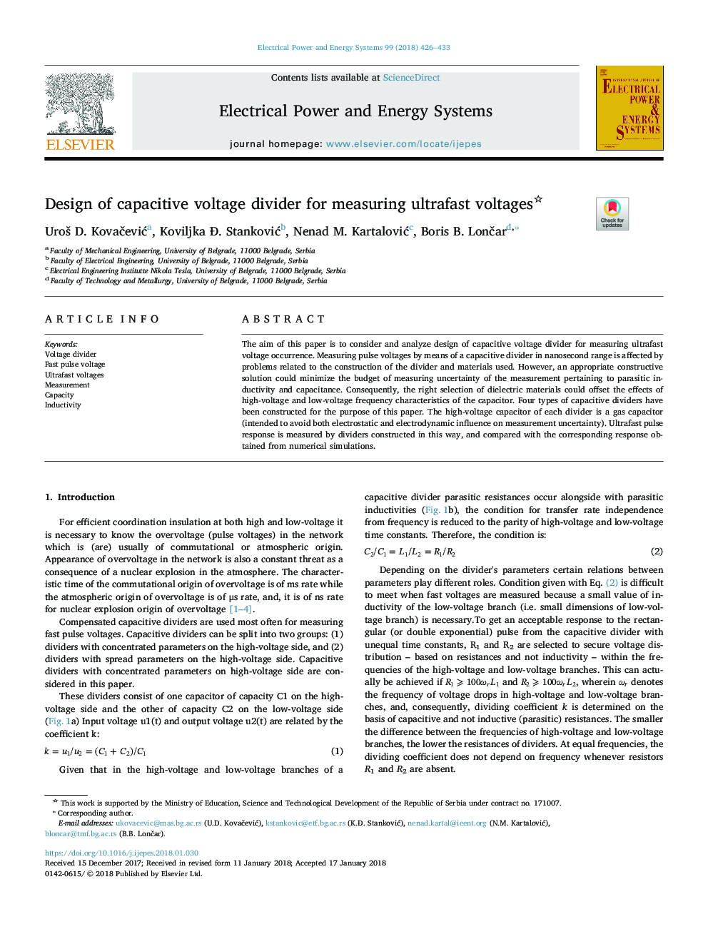 Design of capacitive voltage divider for measuring ultrafast voltages