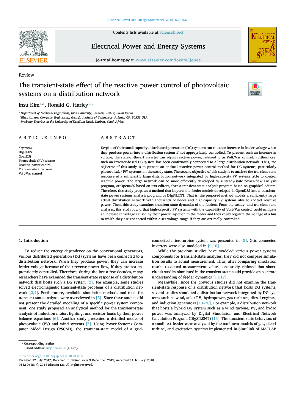 The transient-state effect of the reactive power control of photovoltaic systems on a distribution network