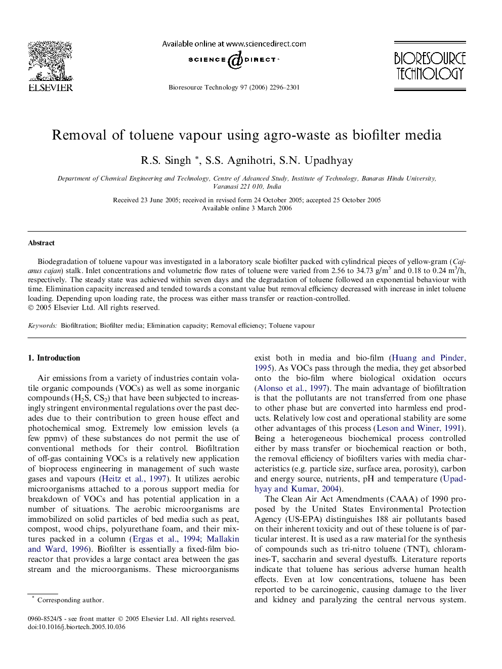 Removal of toluene vapour using agro-waste as biofilter media