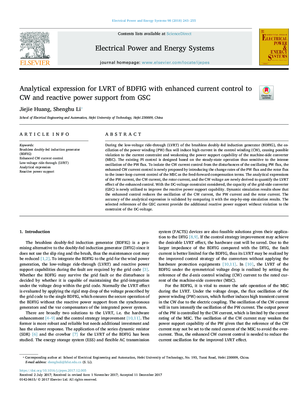 Analytical expression for LVRT of BDFIG with enhanced current control to CW and reactive power support from GSC