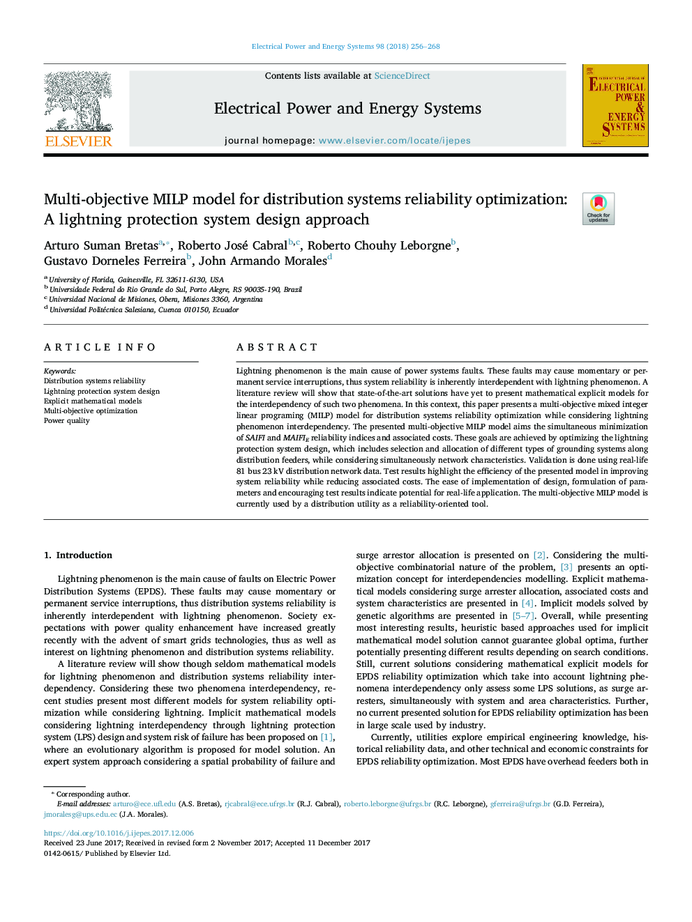 عکس صفحه اول مقاله: Multi-objective MILP model for distribution systems reliability optimization: A lightning protection system design approach Multi-objective MILP model for distribution systems reliability optimization: A lightning protection system design approach
