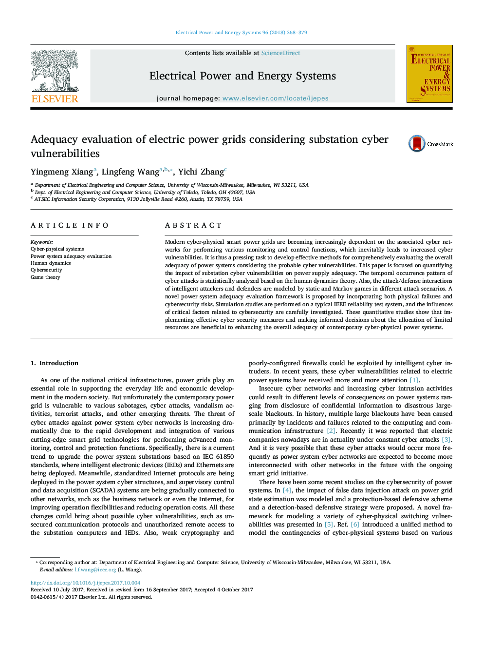 Adequacy evaluation of electric power grids considering substation cyber vulnerabilities