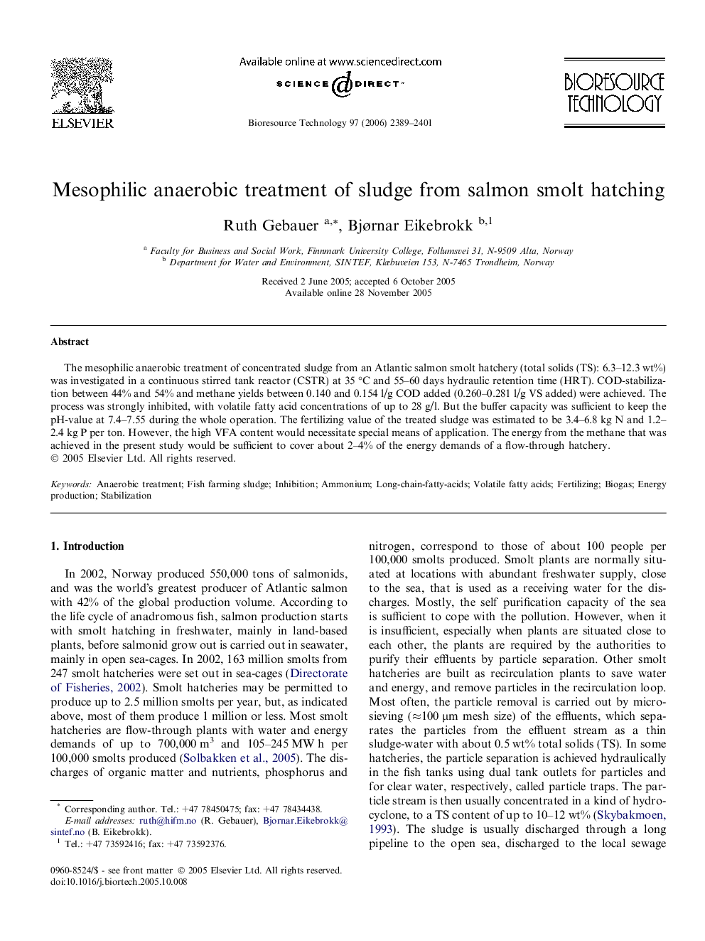 Mesophilic anaerobic treatment of sludge from salmon smolt hatching