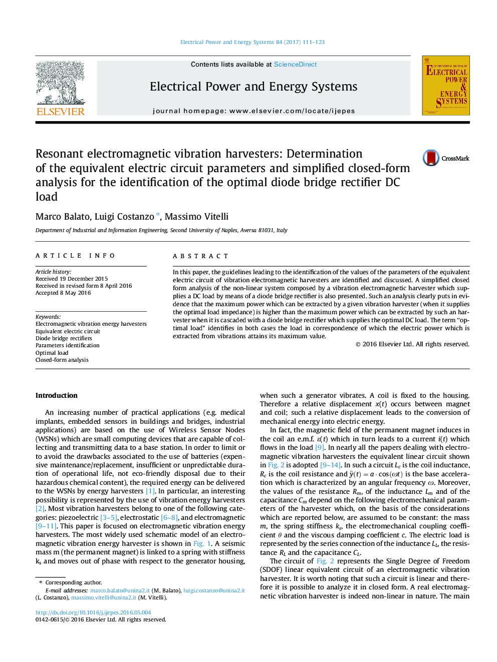 Resonant electromagnetic vibration harvesters: Determination of the equivalent electric circuit parameters and simplified closed-form analysis for the identification of the optimal diode bridge rectifier DC load