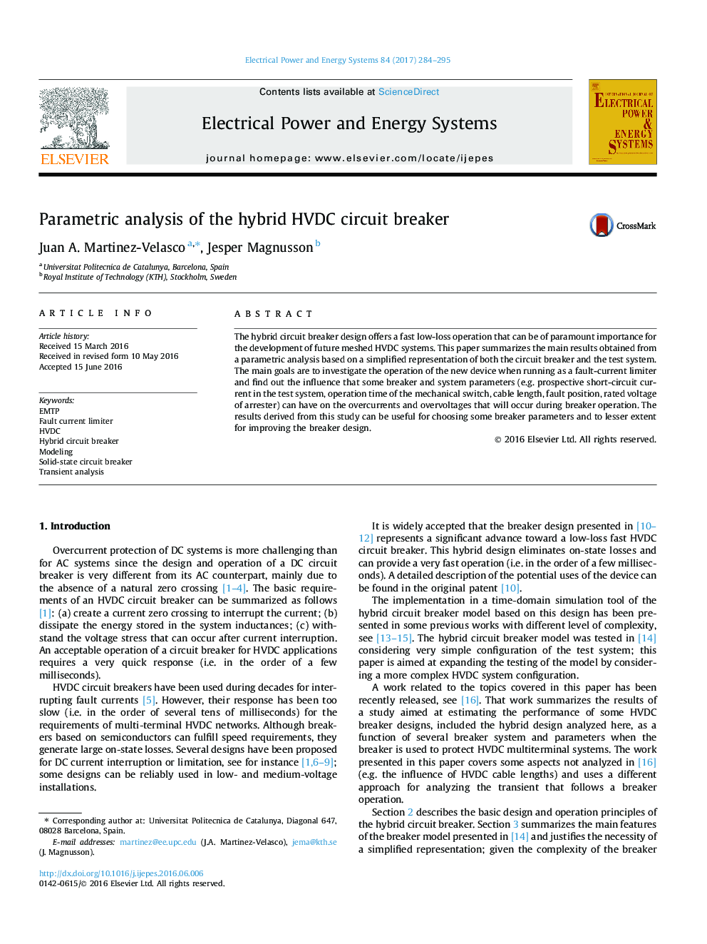 Parametric analysis of the hybrid HVDC circuit breaker