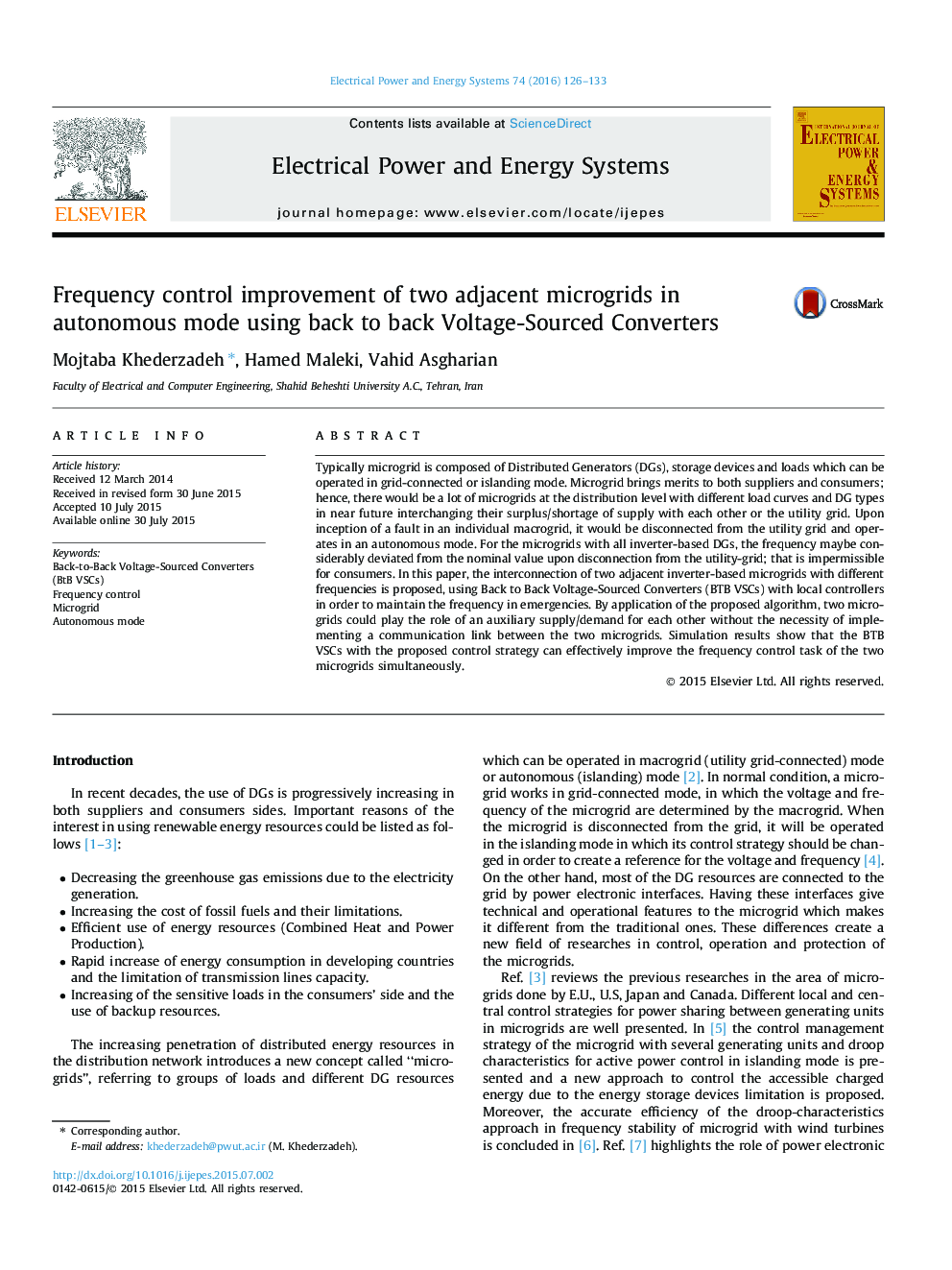 Frequency control improvement of two adjacent microgrids in autonomous mode using back to back Voltage-Sourced Converters