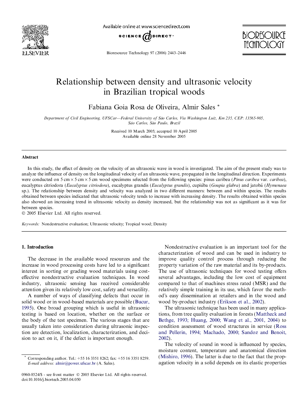 Relationship between density and ultrasonic velocity in Brazilian tropical woods