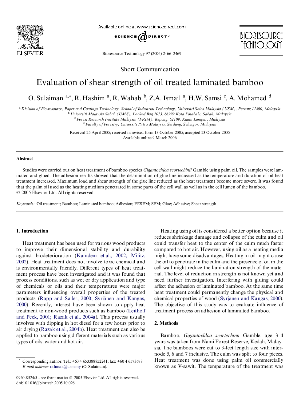 Evaluation of shear strength of oil treated laminated bamboo