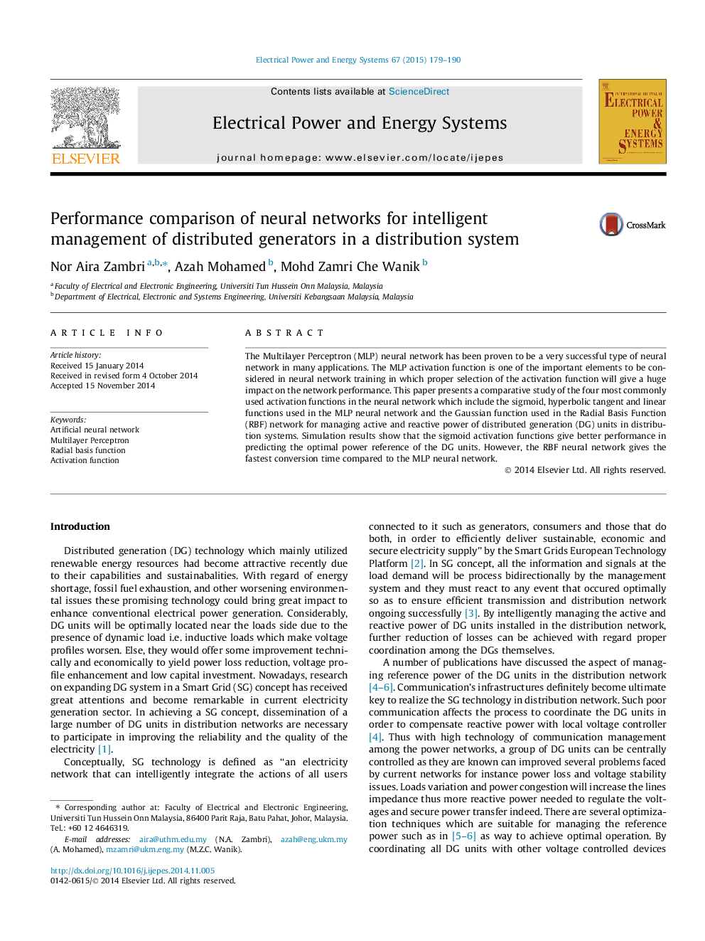 Performance comparison of neural networks for intelligent management of distributed generators in a distribution system