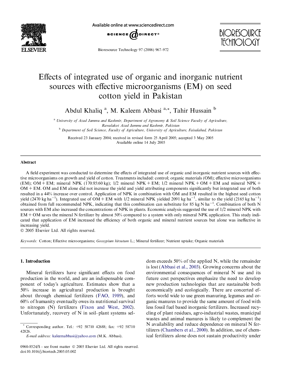 Effects of integrated use of organic and inorganic nutrient sources with effective microorganisms (EM) on seed cotton yield in Pakistan