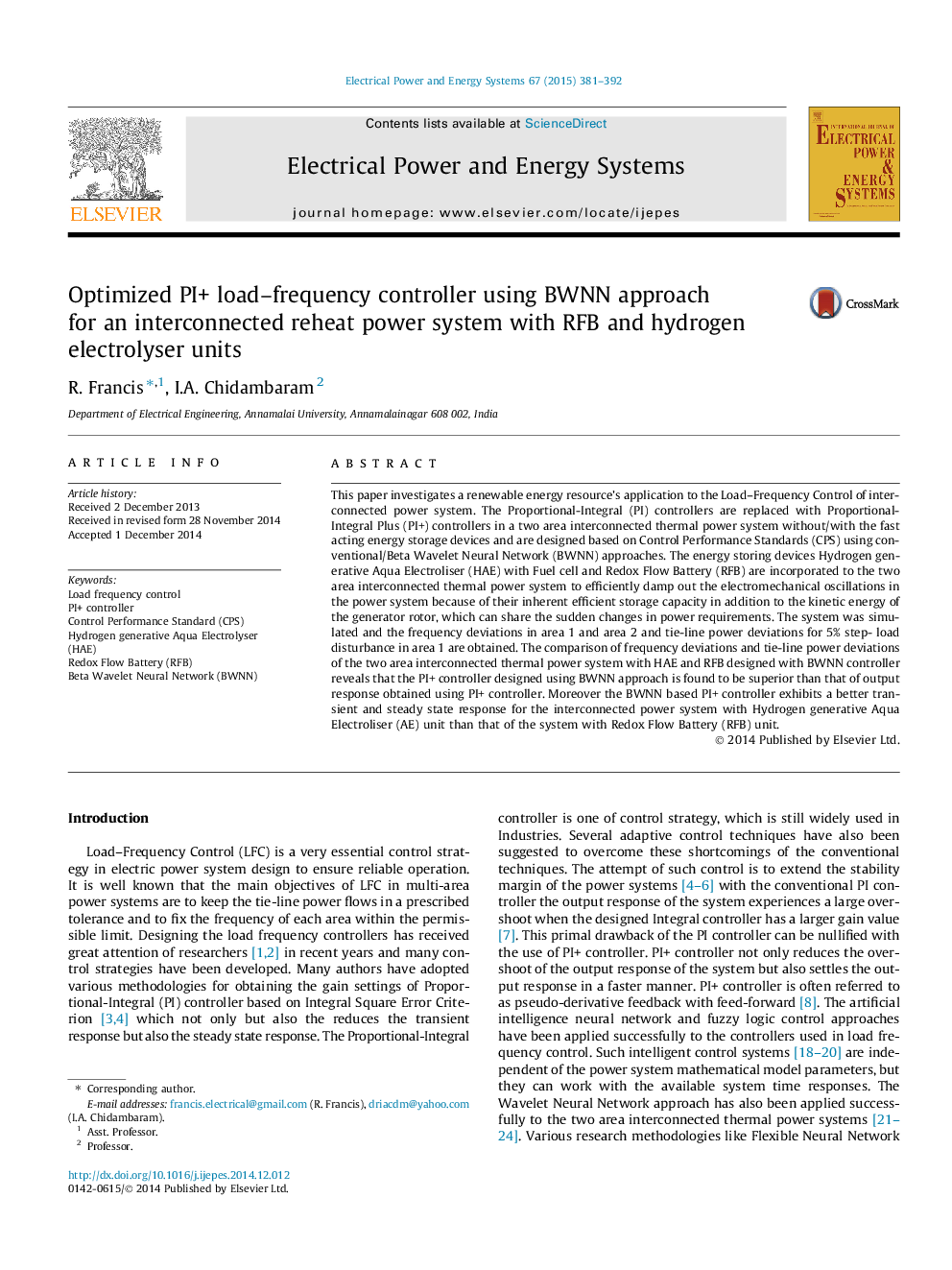 Optimized PI+ load-frequency controller using BWNN approach for an interconnected reheat power system with RFB and hydrogen electrolyser units