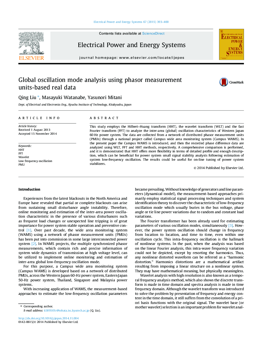 Global oscillation mode analysis using phasor measurement units-based real data