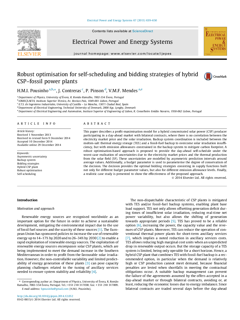 Robust optimisation for self-scheduling and bidding strategies of hybrid CSP-fossil power plants