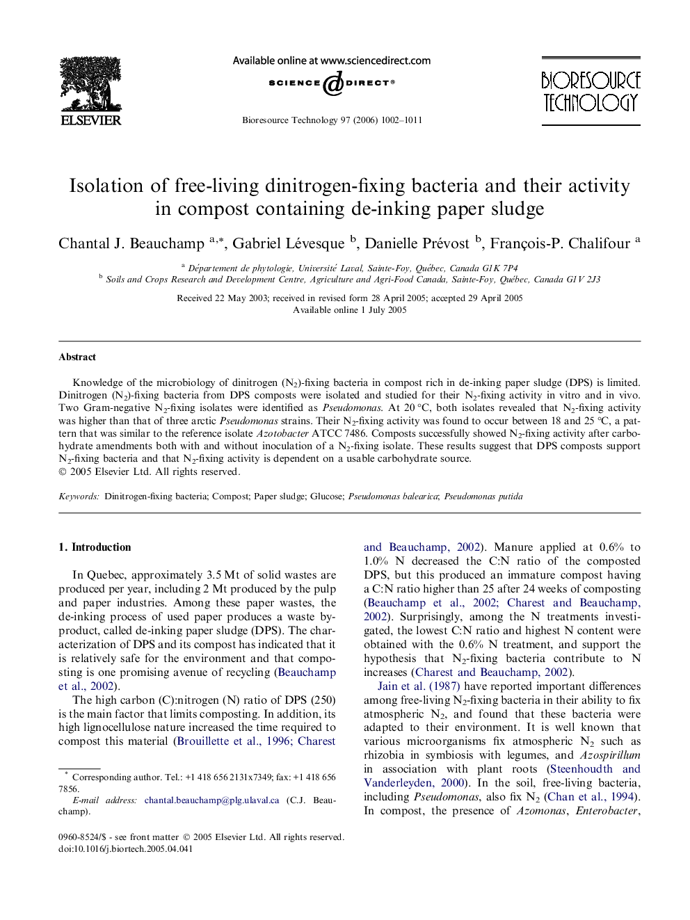 Isolation of free-living dinitrogen-fixing bacteria and their activity in compost containing de-inking paper sludge