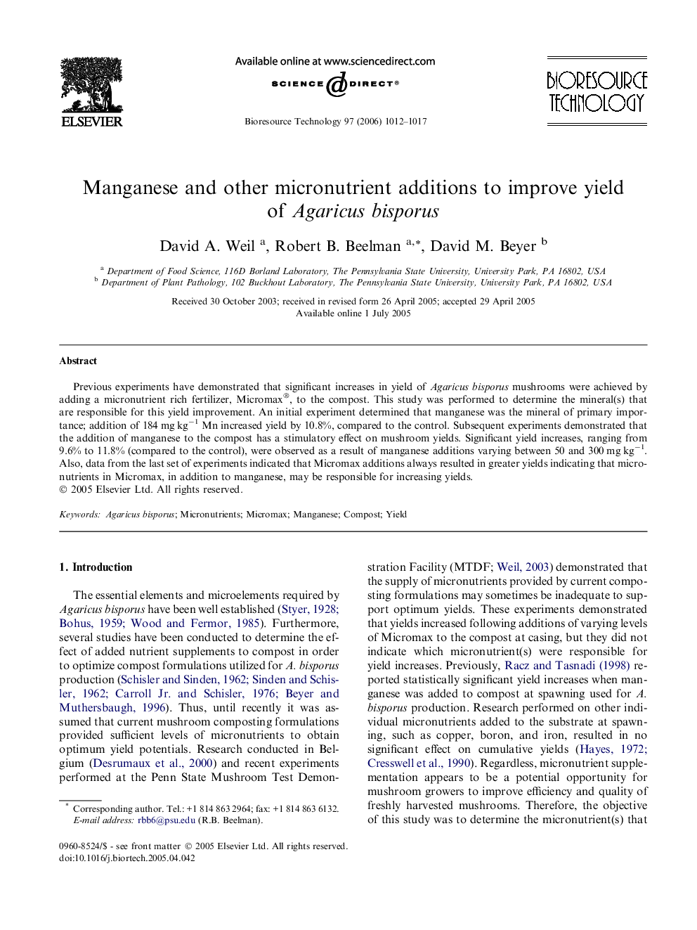 Manganese and other micronutrient additions to improve yield of Agaricus bisporus