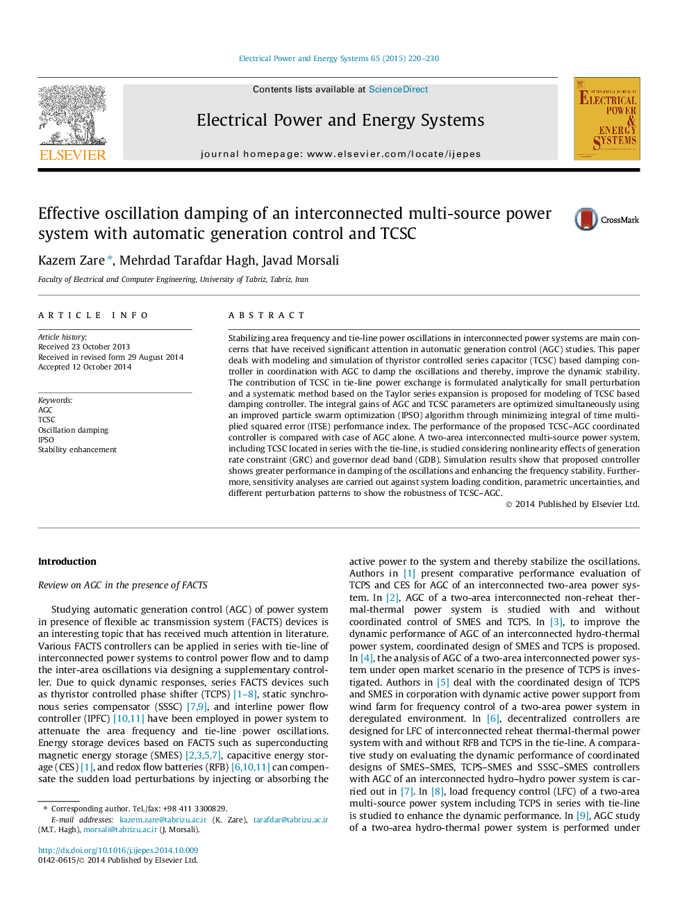 Effective oscillation damping of an interconnected multi-source power system with automatic generation control and TCSC