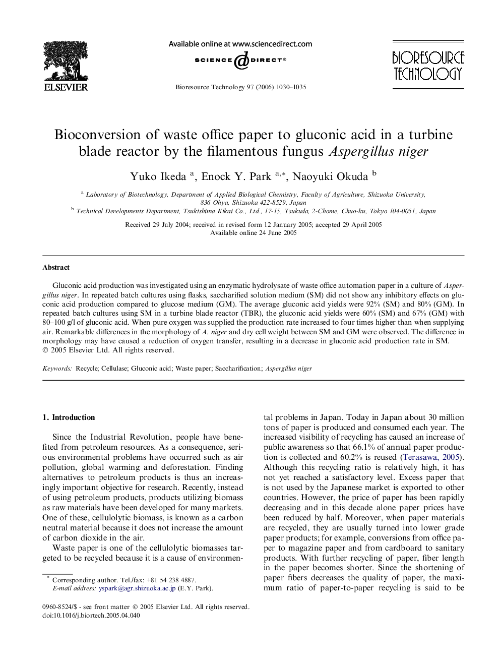 Bioconversion of waste office paper to gluconic acid in a turbine blade reactor by the filamentous fungus Aspergillus niger