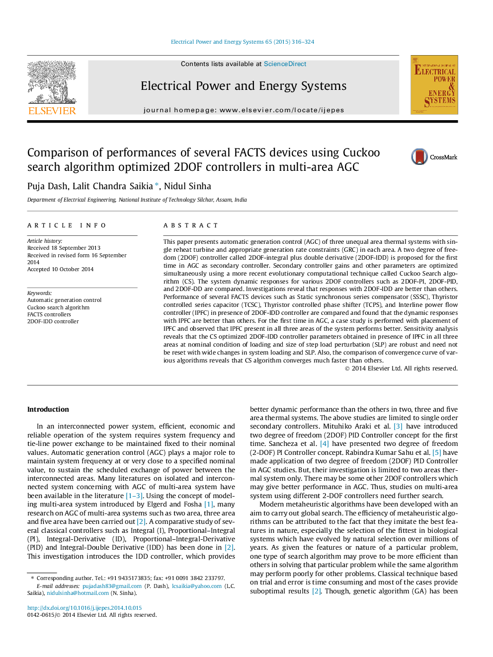 Comparison of performances of several FACTS devices using Cuckoo search algorithm optimized 2DOF controllers in multi-area AGC