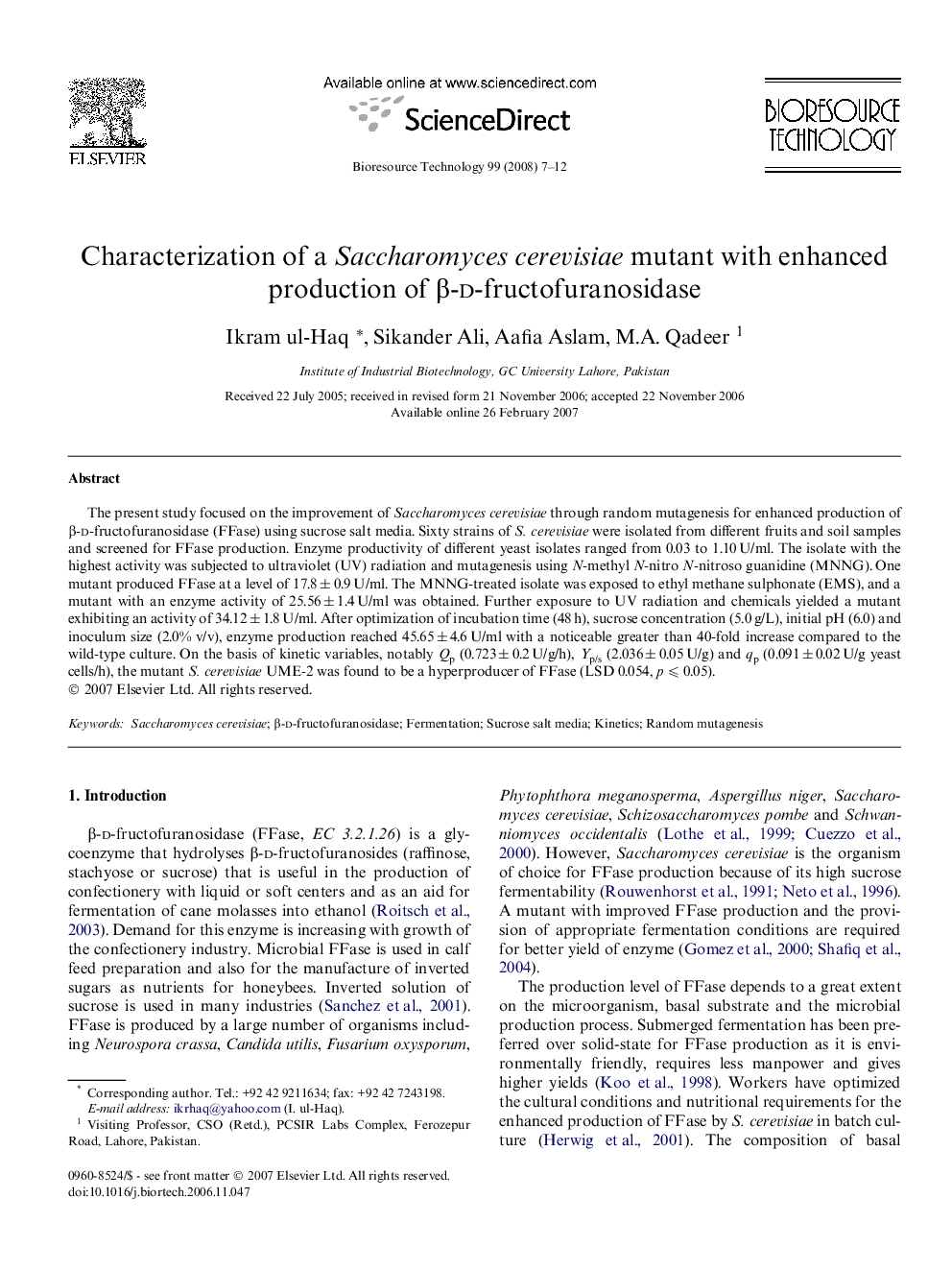 Characterization of a Saccharomyces cerevisiae mutant with enhanced production of β-d-fructofuranosidase