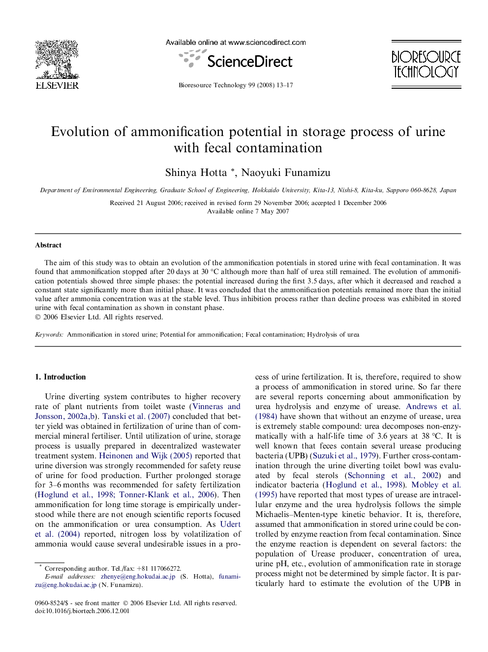 Evolution of ammonification potential in storage process of urine with fecal contamination